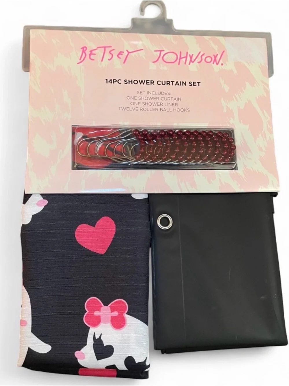 New Betsey Johnson Halloween Skulls & Pink Bows 14-Piece Shower Curtain Set